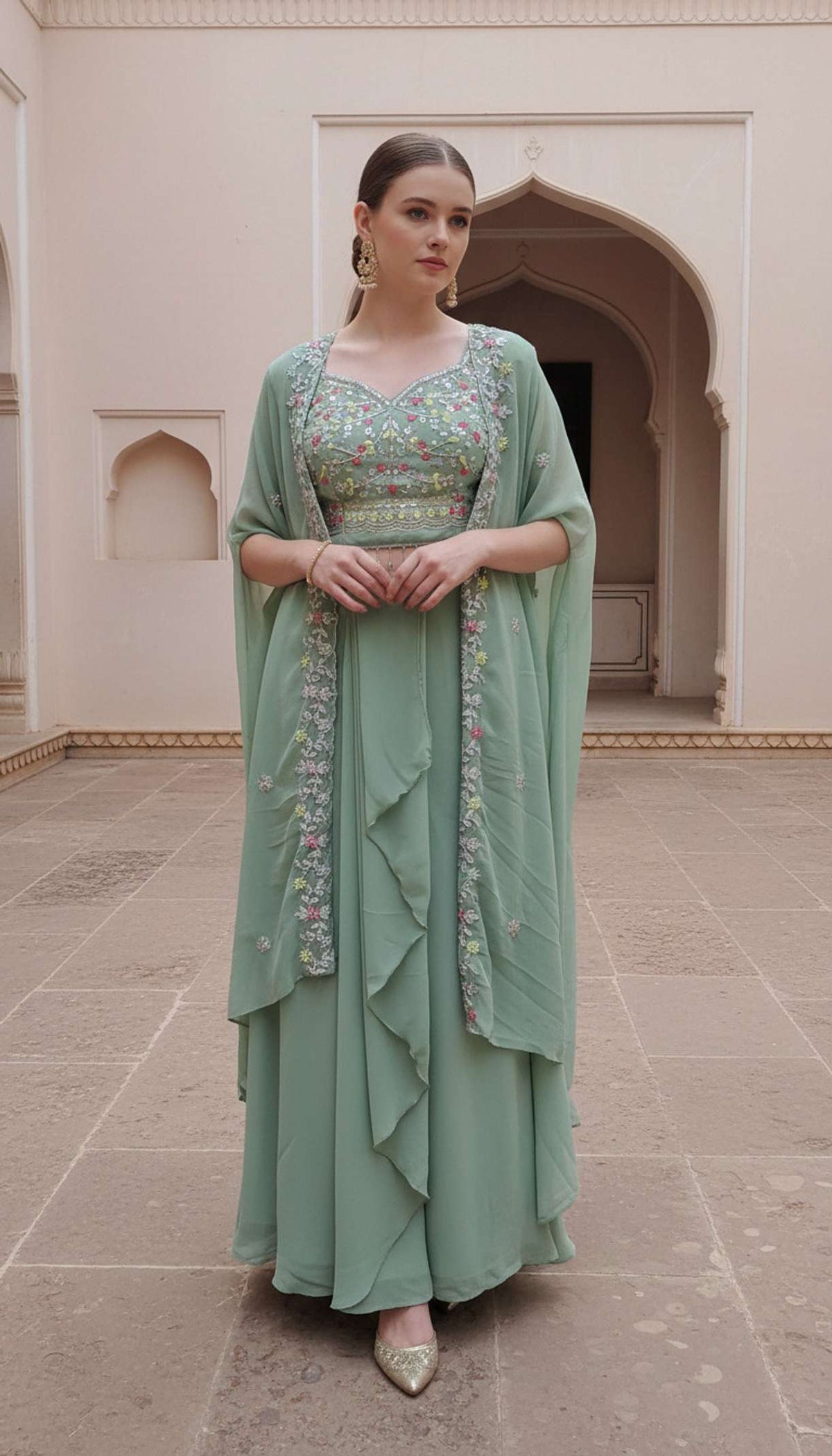 Indo-Western Draped Set For Womens And Girls Ready To Weear Hevay Teby Silk Fabric With Work Multi Thread Embroidery wedding indowestern Three piech Sky Blue