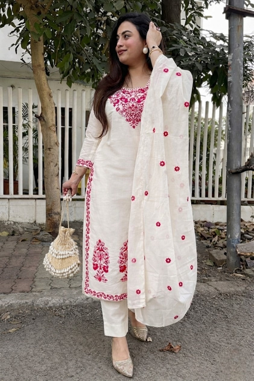 Women's Cotton Slub Embroidered Kurta Pant Dupatta Set | Ethnic Suit Set for Women | Straight Kurta with Embroidered Dupatta | Ready to Wear