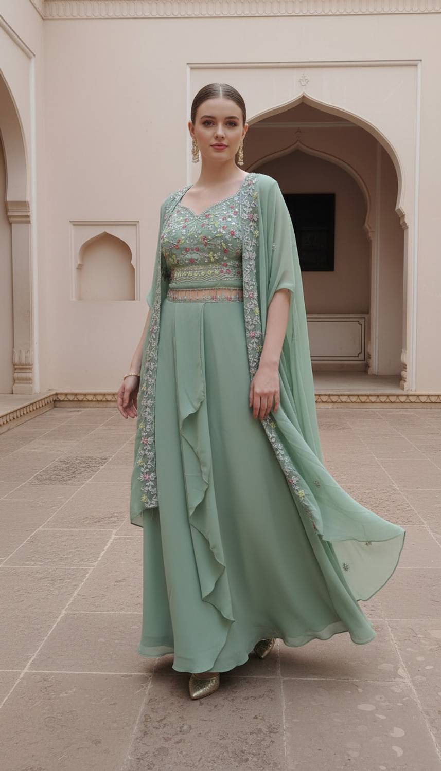 Indo-Western Draped Set For Womens And Girls Ready To Weear Hevay Silk Fabric