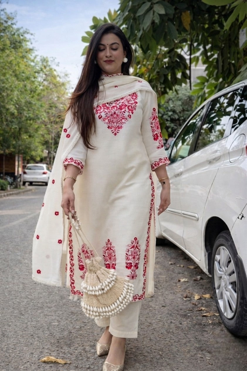 Women's Cotton Slub Embroidered Kurta Pant Dupatta Set | Ethnic Suit Set for Women | Straight Kurta with Embroidered Dupatta | Ready to Wear