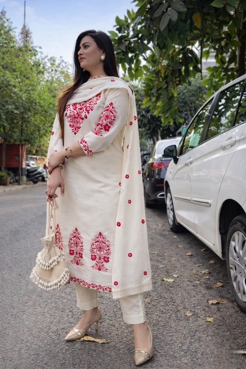 Women's Cotton Slub Embroidered Kurta Pant Dupatta Set | Ethnic Suit Set for Women | Straight Kurta with Embroidered Dupatta | Ready to Wear