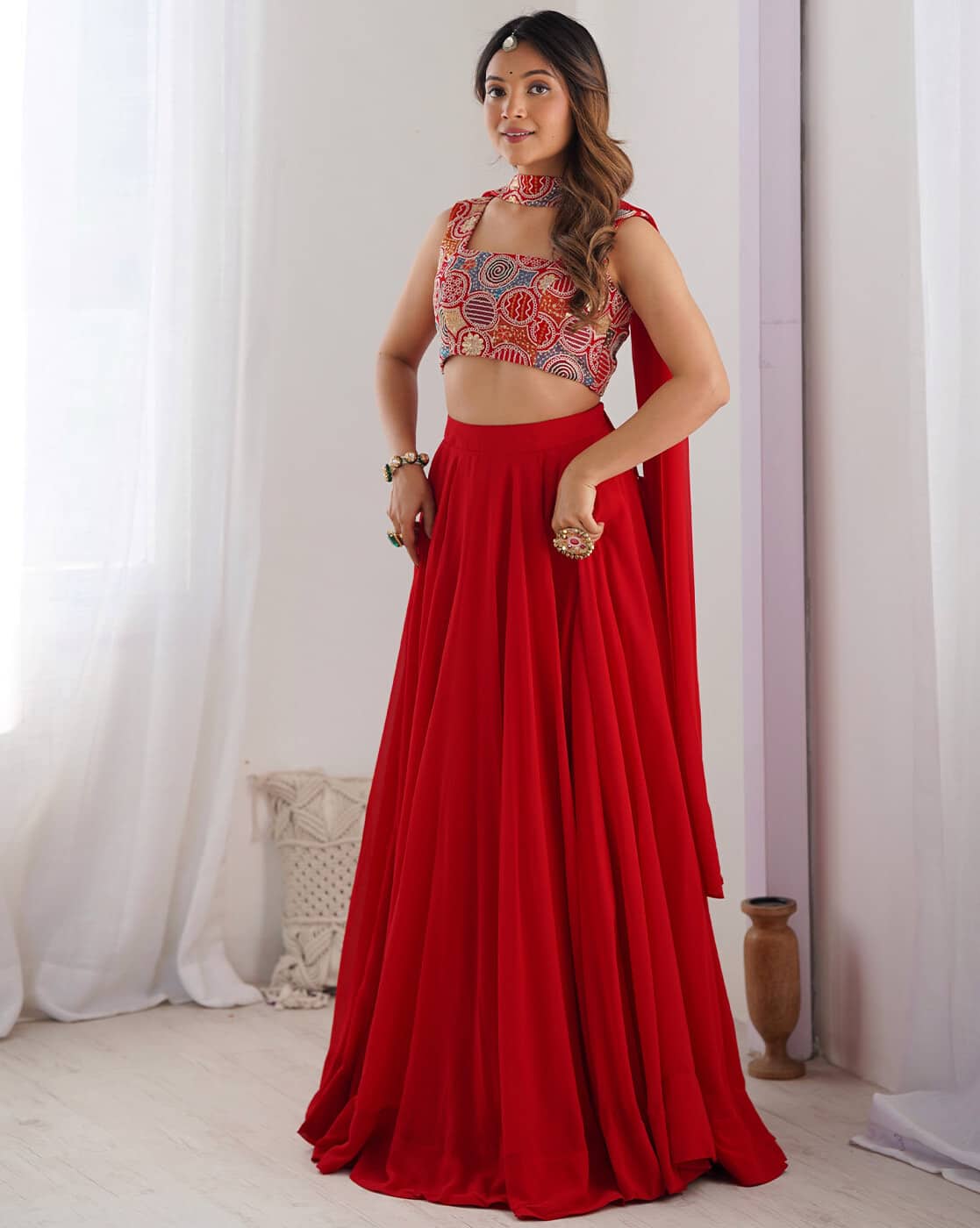Women's Trending Designeer Fox Georgetted Lehenga Choli Print with Foil Work With unstitched Blouse Print Adorned with Foil Work For Navrati
