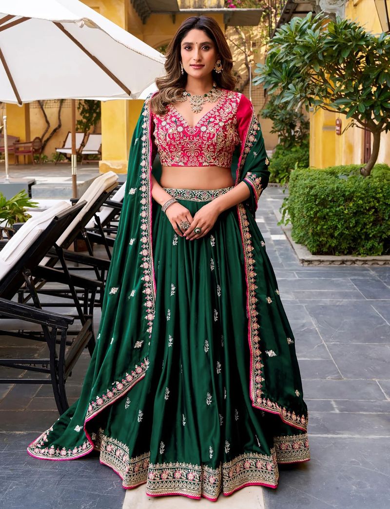 Women's Designer Semi-Stitched Lehenga Choli | Embroidered Dark Green Lehenga with Pink Blouse & Matching Dupatta