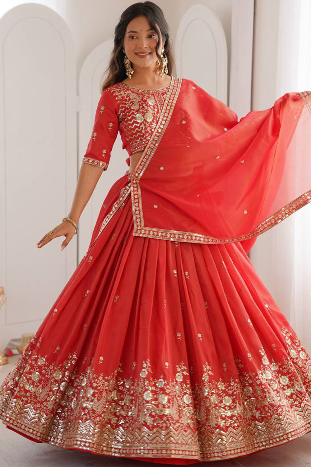 Women's Semi-Stitched Lehenga Choli with Embroidered Blouse and Matching Border Dupatta Set