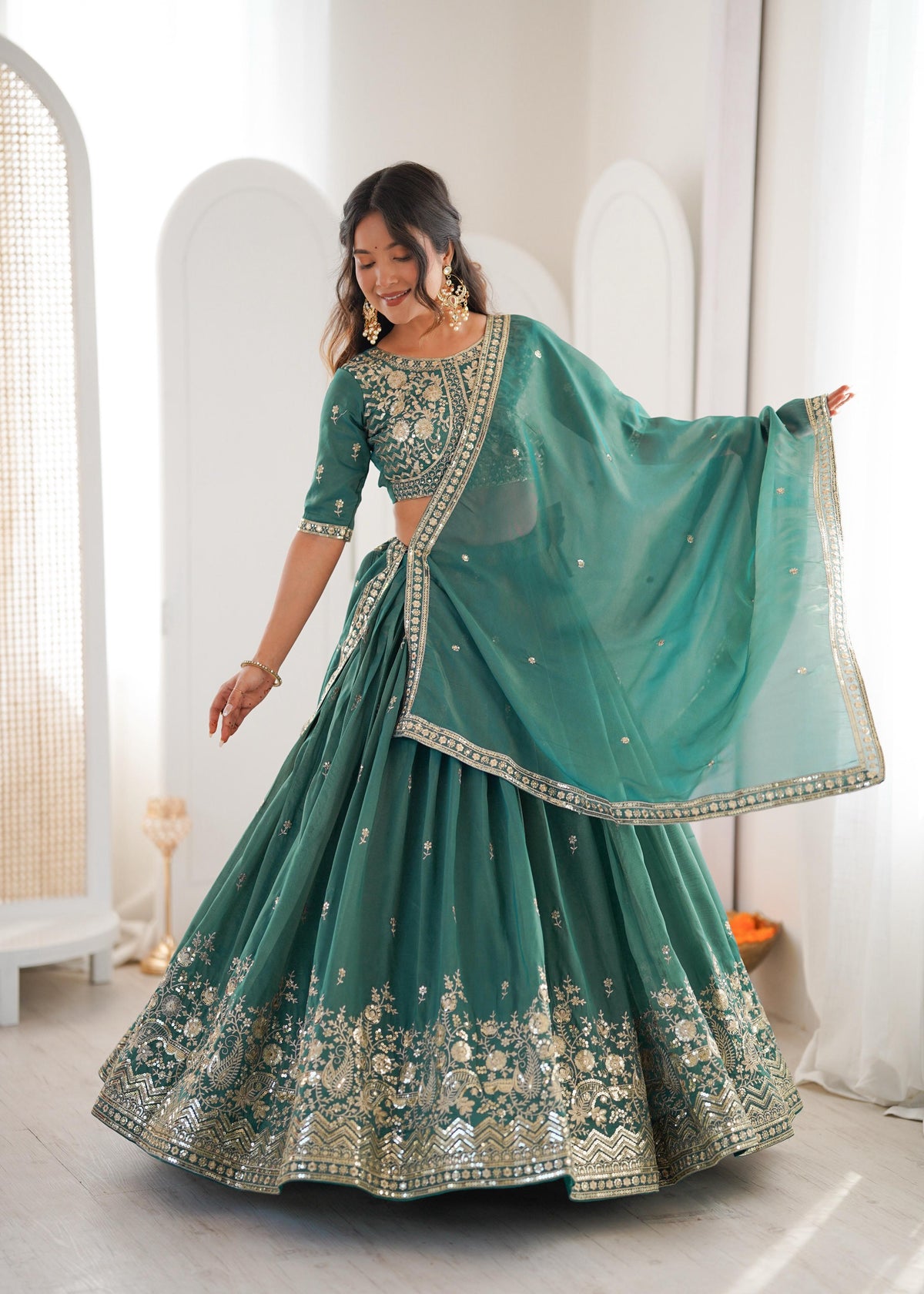 Women's Semi-Stitched Lehenga Choli with Embroidered Blouse and Matching Border Dupatta Set