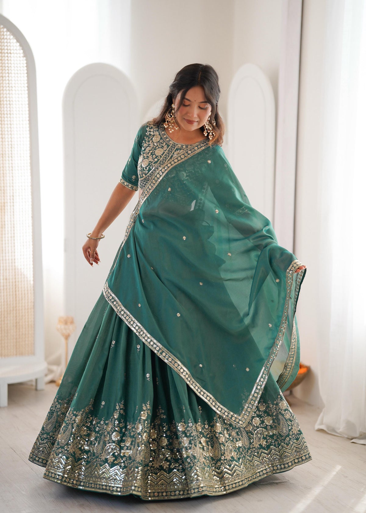 Women's Semi-Stitched Lehenga Choli with Embroidered Blouse and Matching Border Dupatta Set