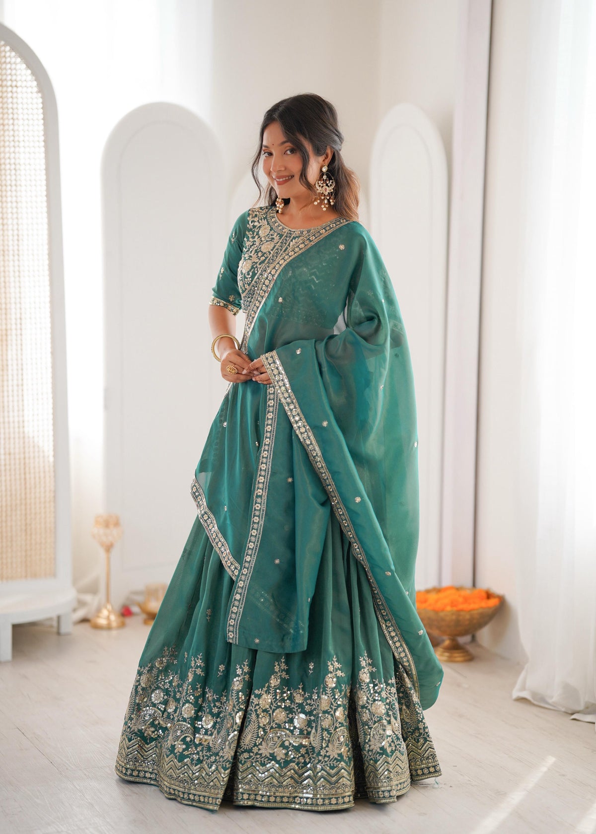 Women's Semi-Stitched Lehenga Choli with Embroidered Blouse and Matching Border Dupatta Set