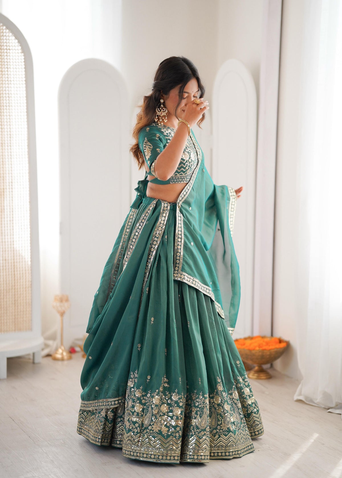 Women's Semi-Stitched Lehenga Choli with Embroidered Blouse and Matching Border Dupatta Set