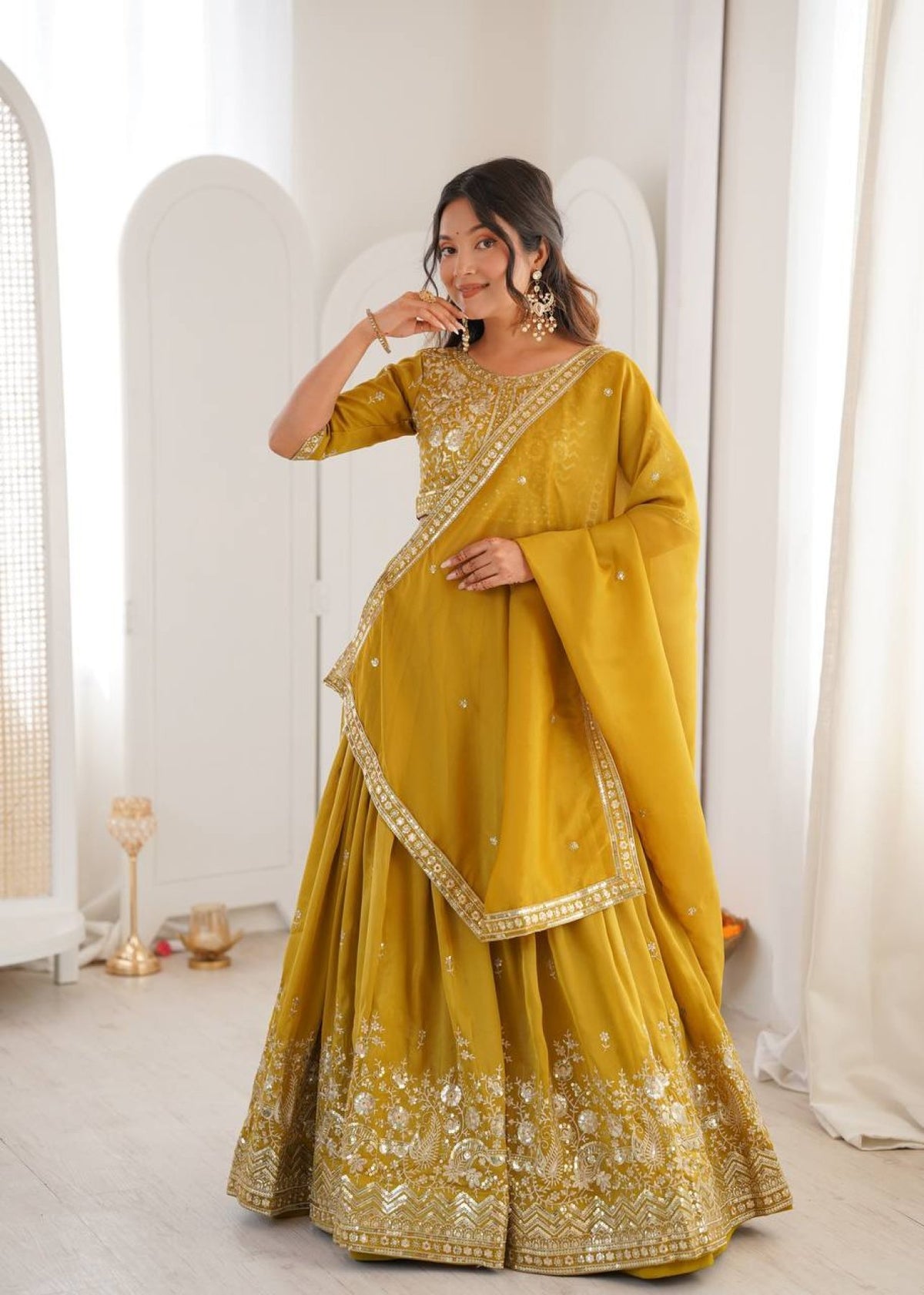 Women's Semi-Stitched Lehenga Choli with Embroidered Blouse and Matching Border Dupatta Set