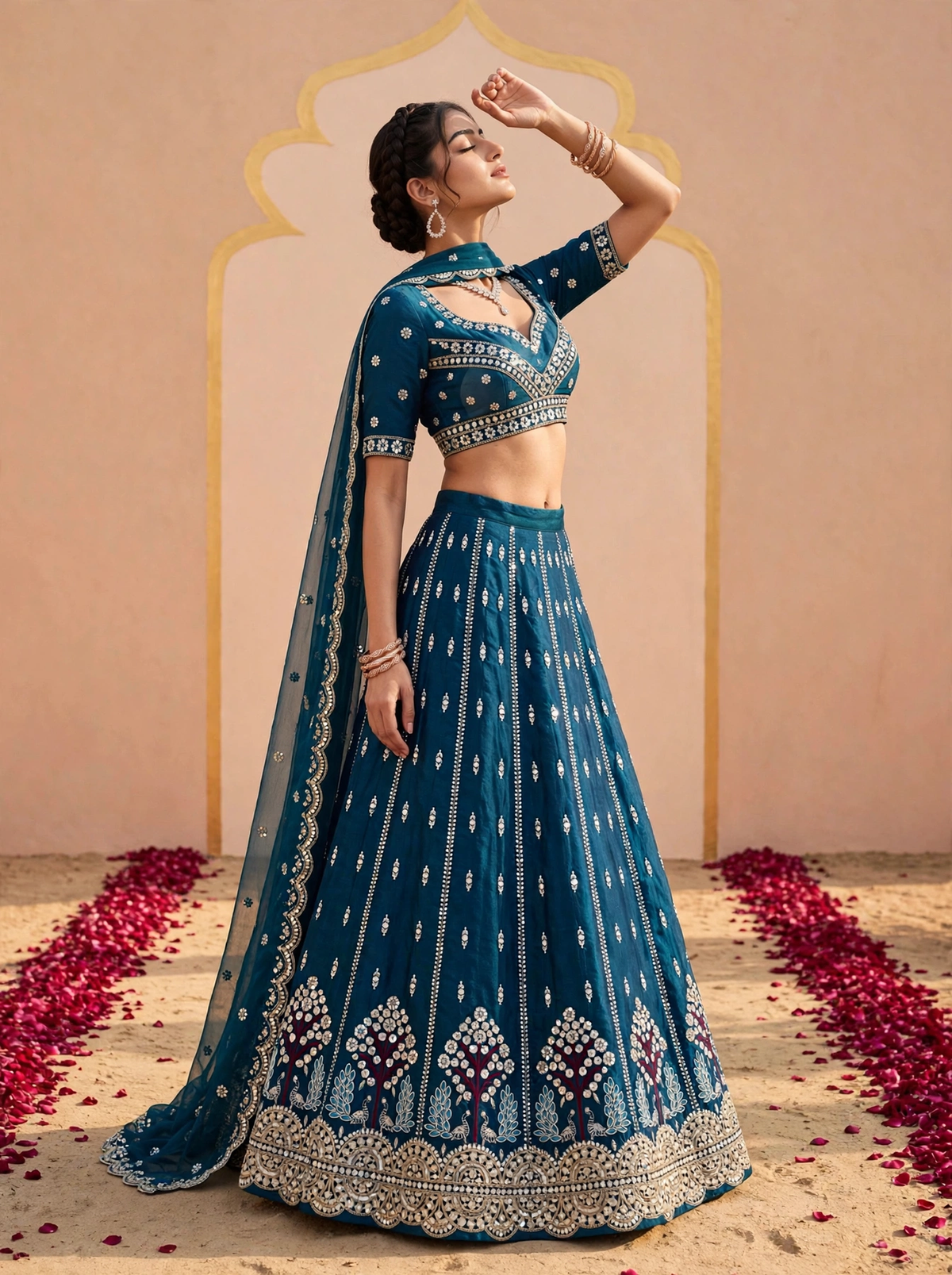 Women’s Embroidered unstitched Lehenga Choli Set with Dupatta Designer Flared Lehenga with Embellished Blouse and Embroidered Dupatta