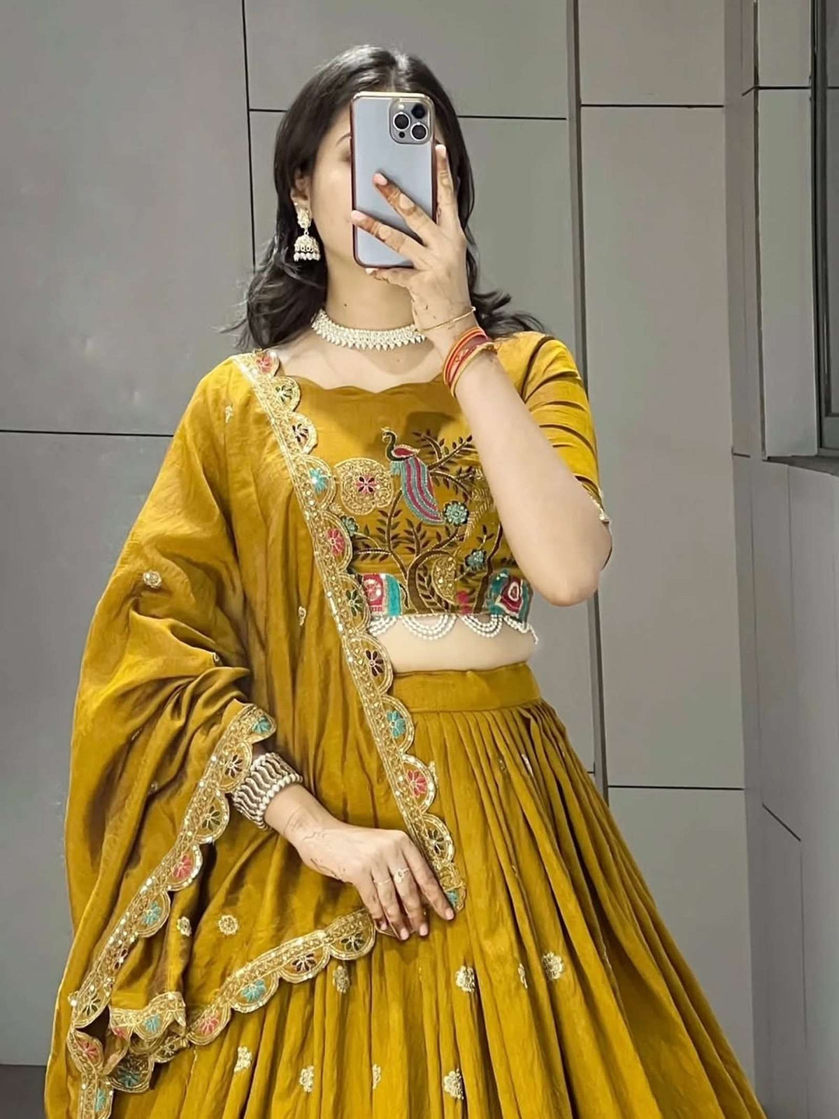 Women's Mustard Yellow Peacock Embroidered Vichitra Silk Semi-Stitched Lehenga Choli Set with Dupatta | Haldi & Festive Wear semi - stitched lehenga choli