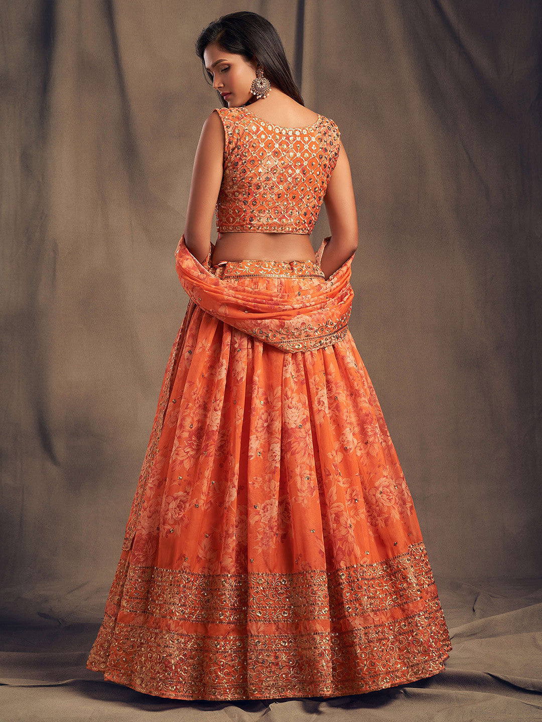 Women's Orange Designer Lehenga Choli with Dupatta | Tebby Organza Printed Embroidery Sequence Work Lehenga Set | Semi Stitched