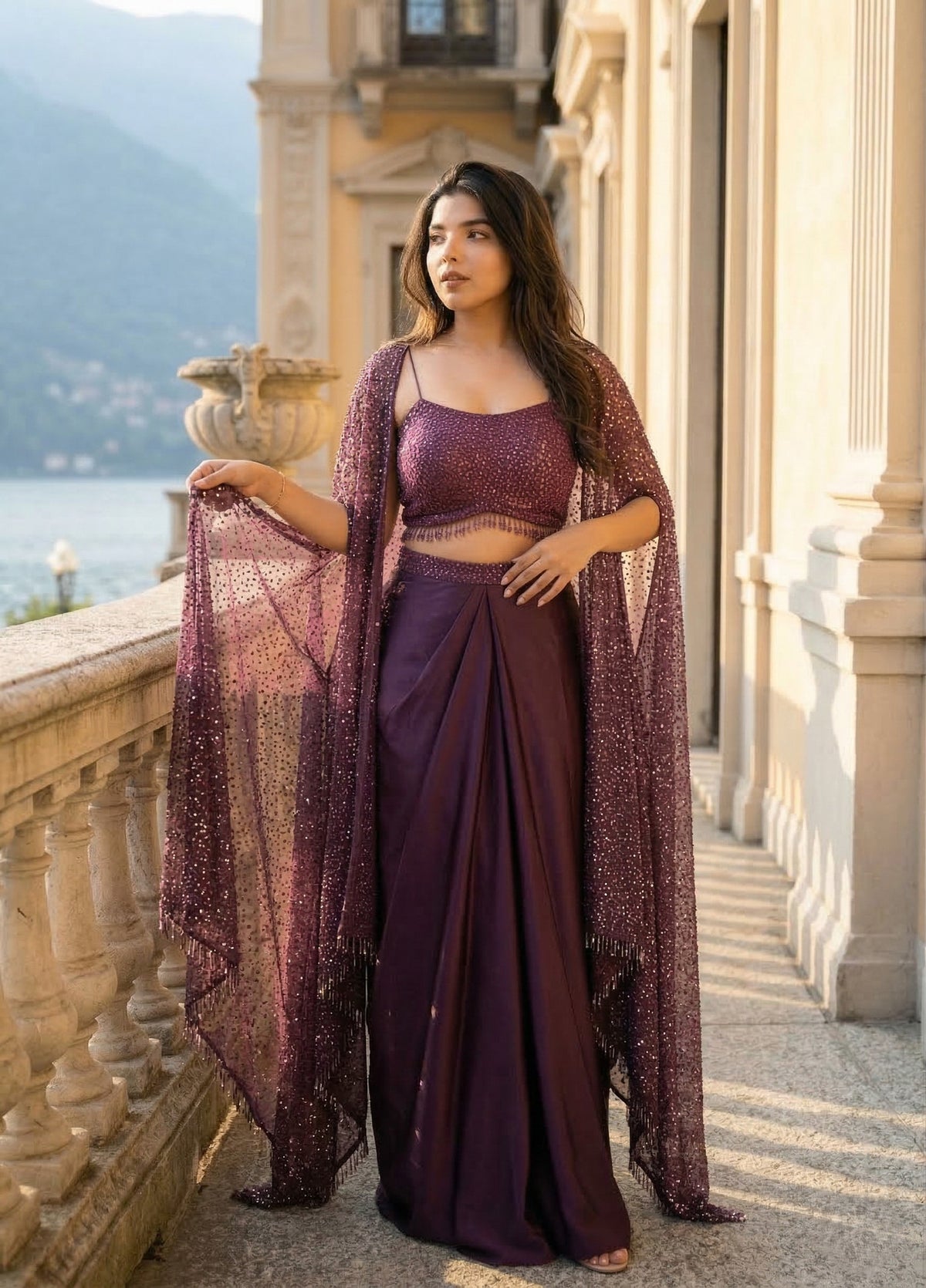 Women Indo Western Dhoti Skirt Set with Shrug Sequins Embroidery Work