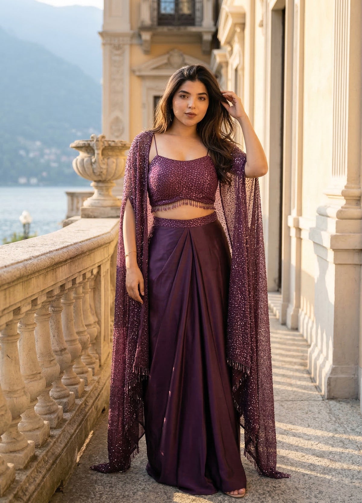Women Indo Western Dhoti Skirt Set with Shrug Sequins Embroidery Work