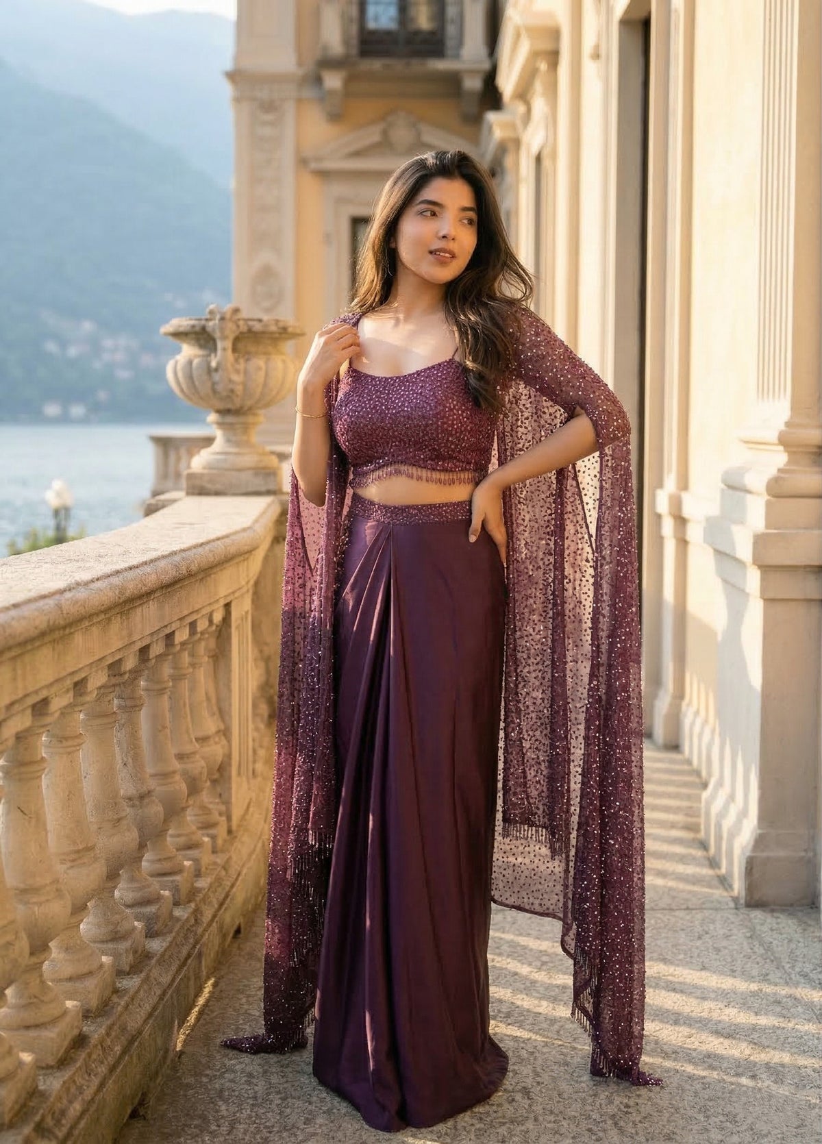 Women Indo Western Dhoti Skirt Set with Shrug Sequins Embroidery Work