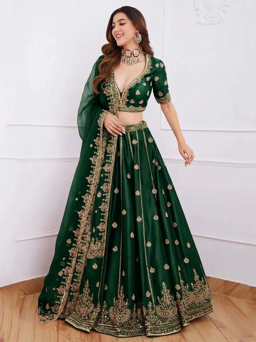 Women's Embroidered Semi-Stitched Lehenga Choli with Net Dupatta Set for Weddings & Festive Wear