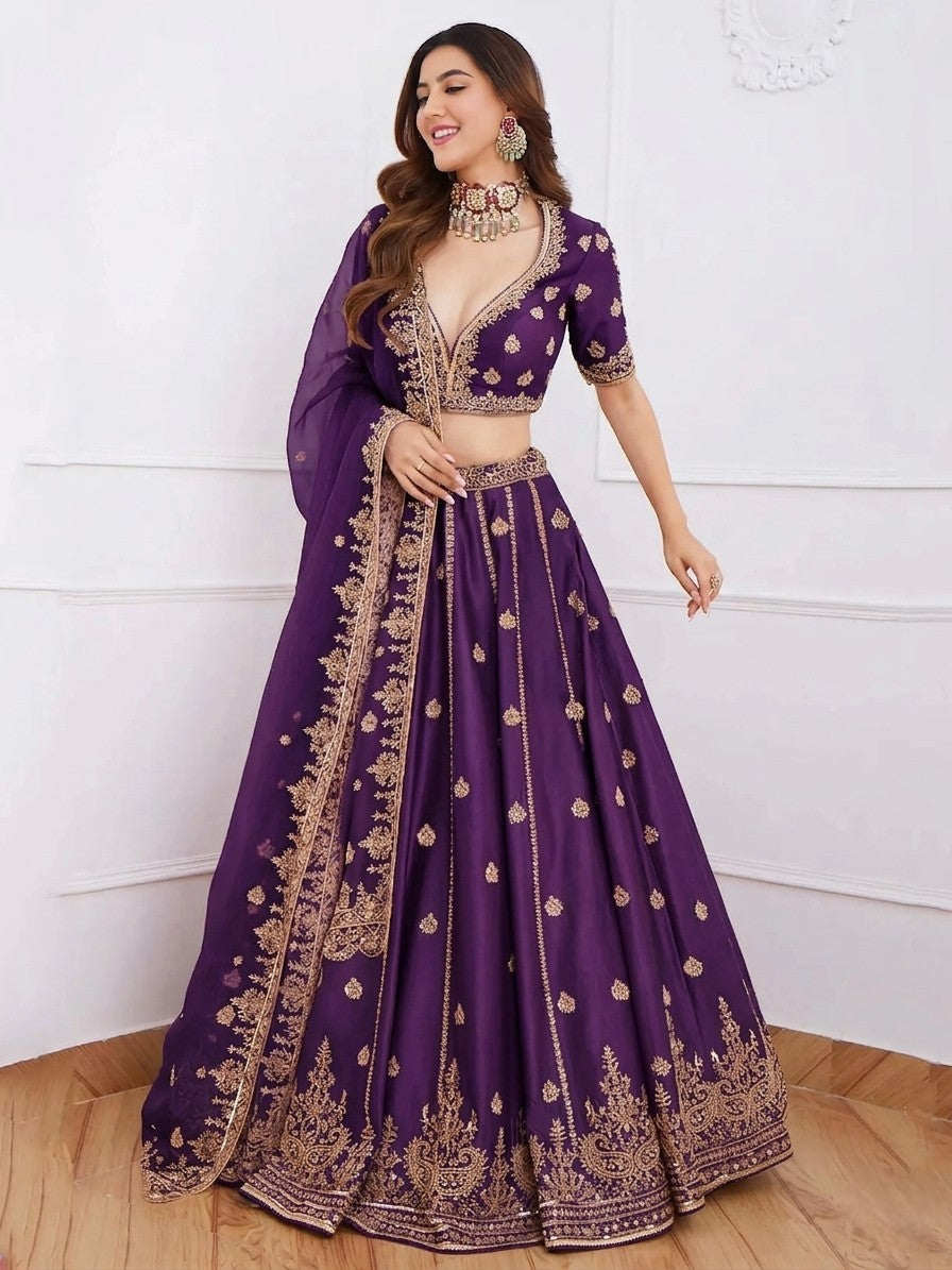 Women's Embroidered Semi-Stitched Lehenga Choli with Net Dupatta Set for Weddings & Festive Wear