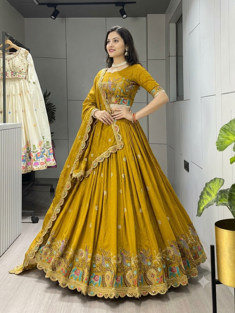 Women's Mustard Yellow Peacock Embroidered Vichitra Silk Semi-Stitched Lehenga Choli Set with Dupatta | Haldi & Festive Wear semi - stitched lehenga choli