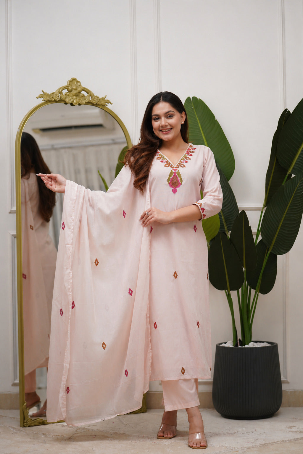 piludi Women’s Light Pink Kurta Set with Dupatta | Embroidered Straight Kurta Pant Set | Ethnic Wear for Festive & Casual