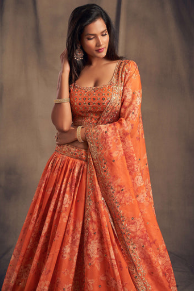 Women's Orange Designer Lehenga Choli with Dupatta | Tebby Organza Printed Embroidery Sequence Work Lehenga Set | Semi Stitched