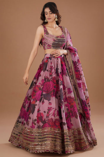 Women Designer Pink Floral Printed Lehenga Choli with Dupatta