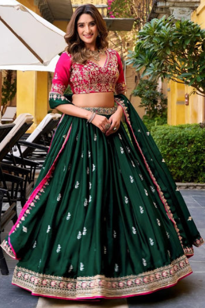 Women's Designer Semi-Stitched Lehenga Choli | Embroidered Dark Green Lehenga with Pink Blouse & Matching Dupatta
