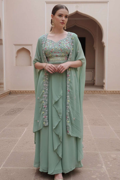 Indo-Western Draped Set For Womens And Girls Ready To Weear Hevay Teby Silk Fabric With Work Multi Thread Embroidery wedding indowestern Three piech Sky Blue