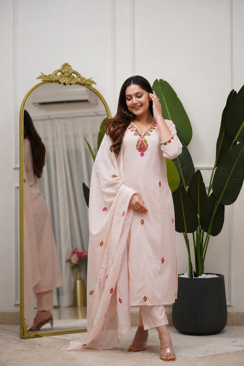 piludi Women’s Light Pink Kurta Set with Dupatta | Embroidered Straight Kurta Pant Set | Ethnic Wear for Festive & Casual