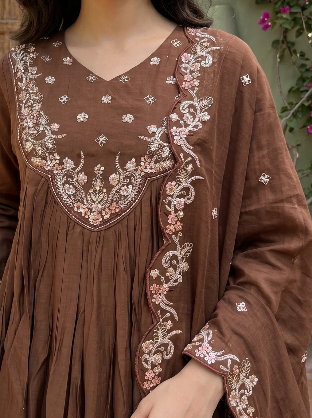 piludi Women’s Brown Anarkali Kurta Set with Dupatta | Embroidered Flared Kurti Pant Set | Festive & Ethnic Wear