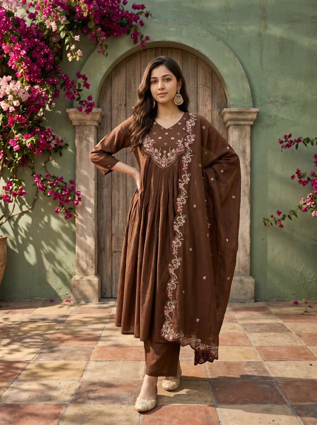 piludi Women’s Brown Anarkali Kurta Set with Dupatta | Embroidered Flared Kurti Pant Set | Festive & Ethnic Wear