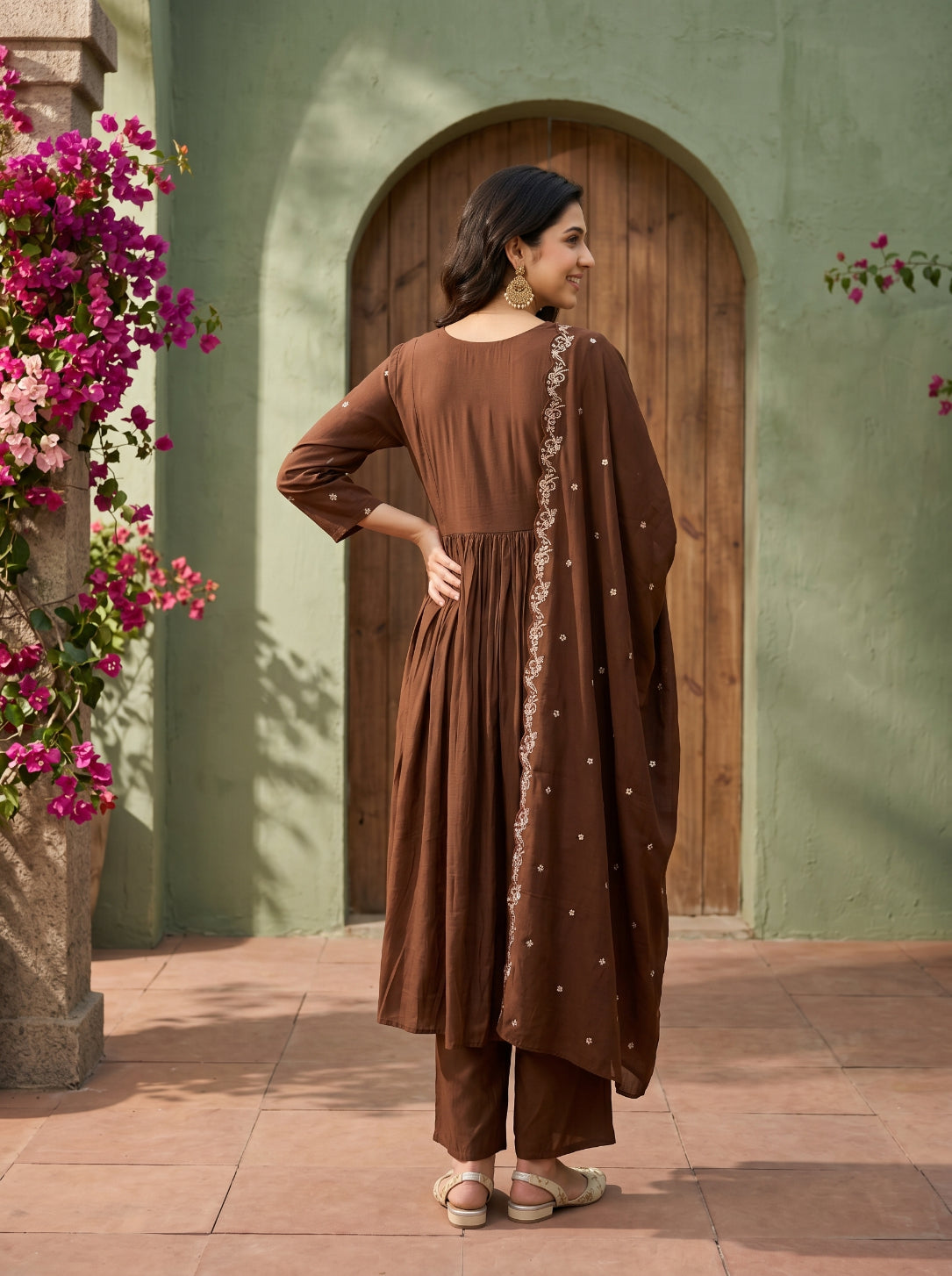 piludi Women’s Brown Anarkali Kurta Set with Dupatta | Embroidered Flared Kurti Pant Set | Festive & Ethnic Wear