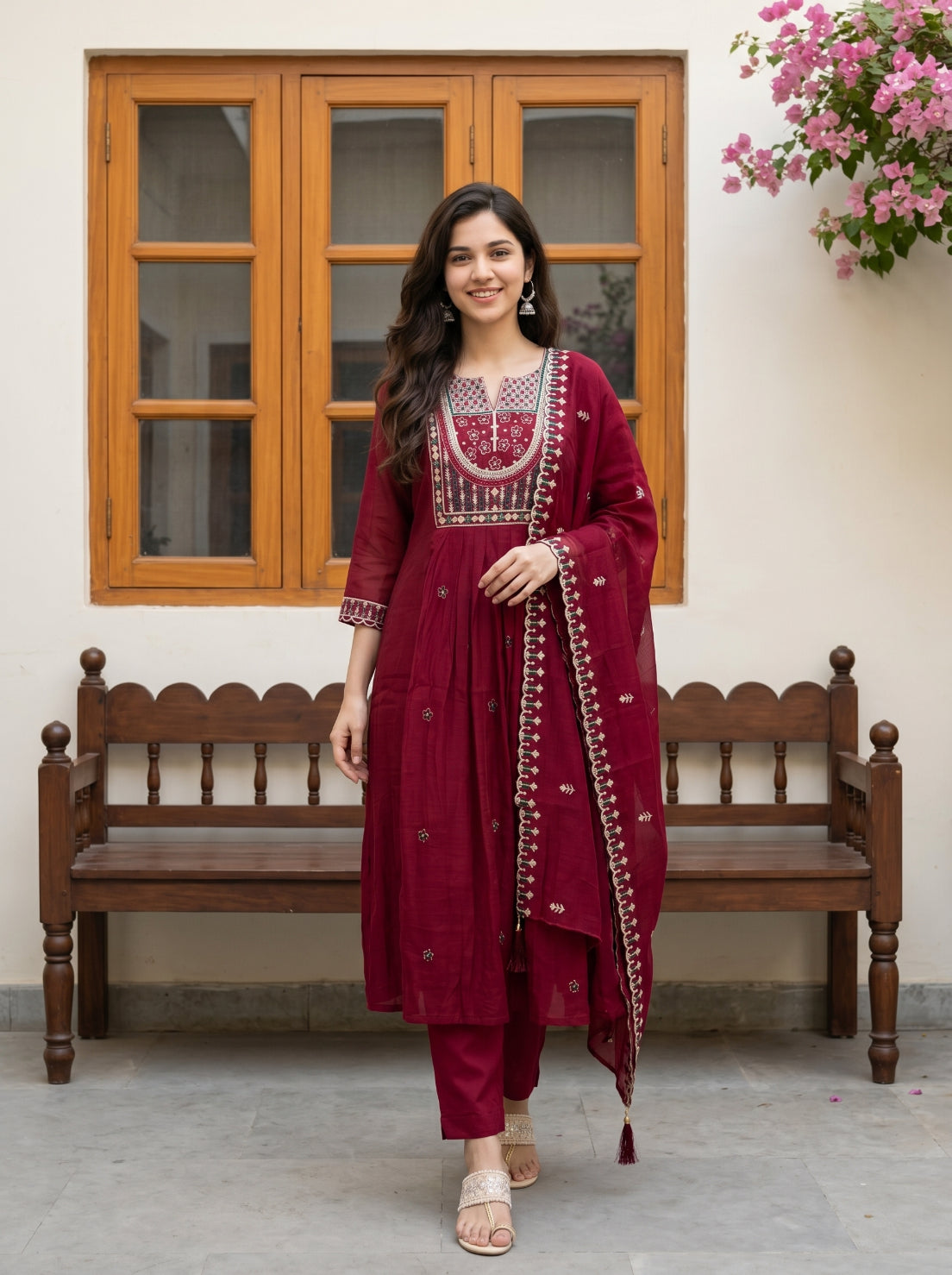 piludi Women’s Embroidered Maroon Kurta Set with Dupatta & Pant | Ethnic Anarkali Style Kurti Set for Festive & Casual Wear