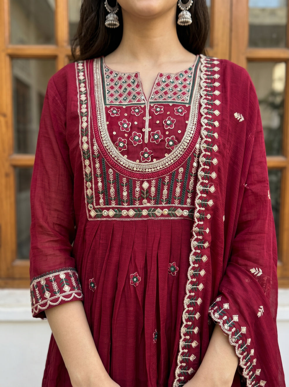 piludi Women’s Embroidered Maroon Kurta Set with Dupatta & Pant | Ethnic Anarkali Style Kurti Set for Festive & Casual Wear
