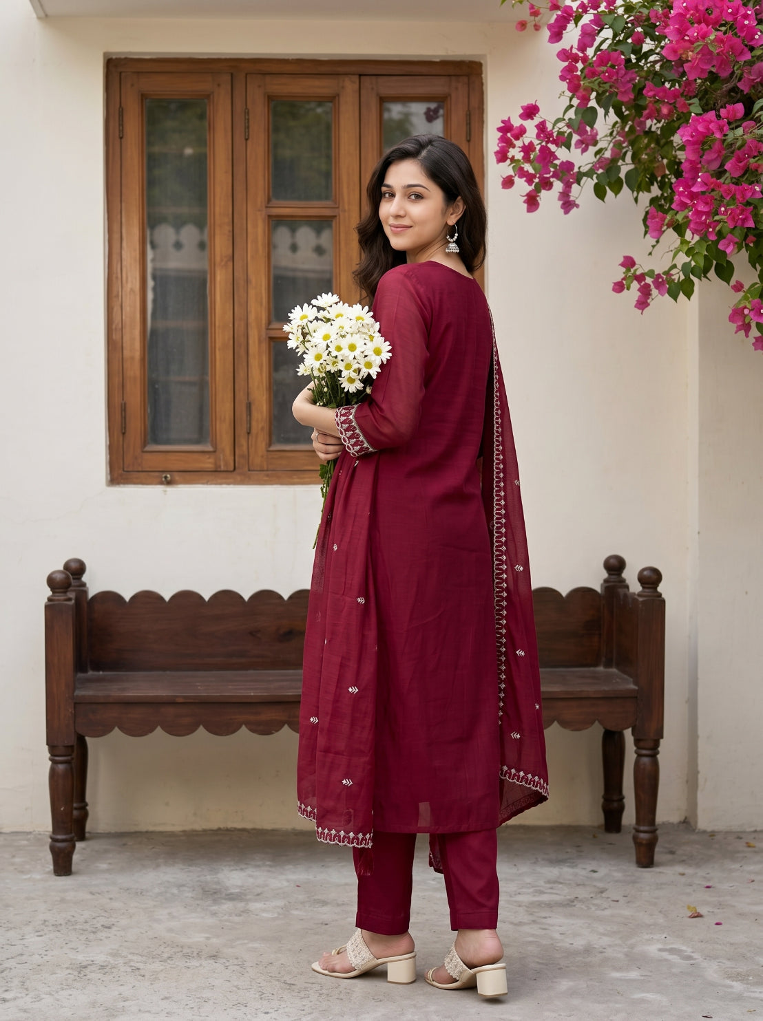 piludi Women’s Embroidered Maroon Kurta Set with Dupatta & Pant | Ethnic Anarkali Style Kurti Set for Festive & Casual Wear