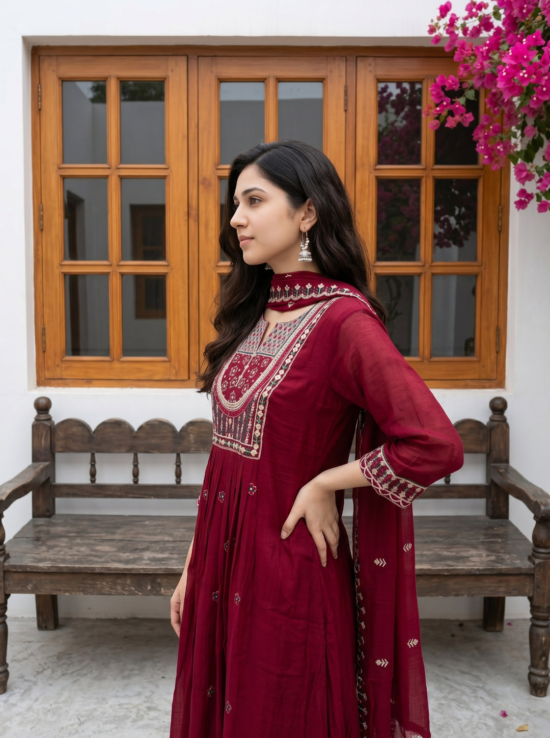 piludi Women’s Embroidered Maroon Kurta Set with Dupatta & Pant | Ethnic Anarkali Style Kurti Set for Festive & Casual Wear