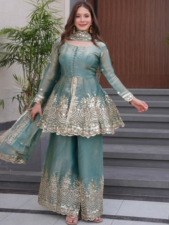 Women Embroidered Sharara Dupatta Set Sky Blue Fandy Fabric Kurta Sharara Set with 3/4 Sleeves Elegant Ethnic Wear for Women