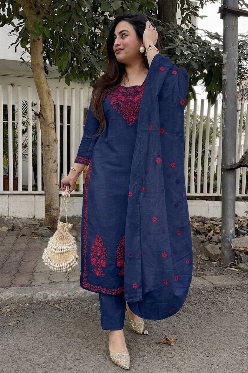 Women's Cotton Slub Embroidered Kurta Pant Dupatta Set | Ethnic Suit Set for Women | Kurta with Embroidered Dupatta