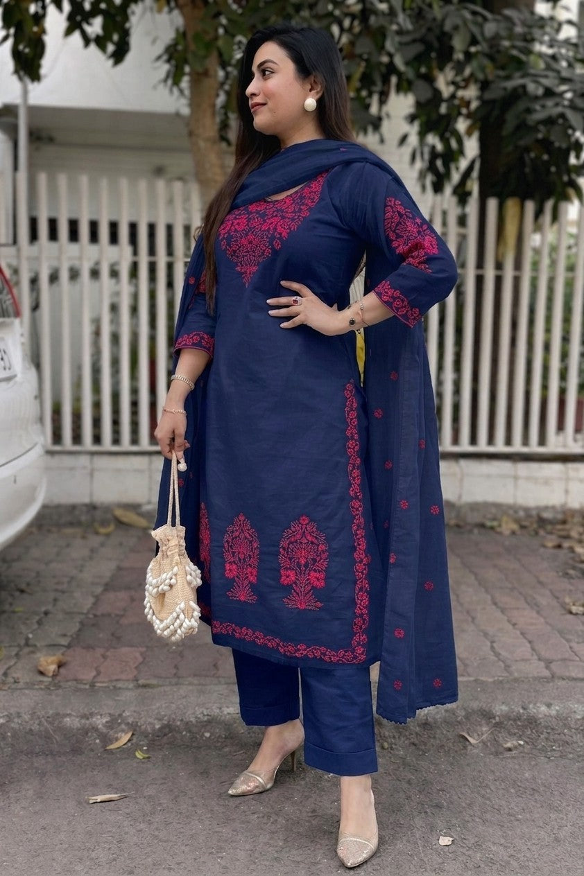 Women's Cotton Slub Embroidered Kurta Pant Dupatta Set | Ethnic Suit Set for Women | Kurta with Embroidered Dupatta