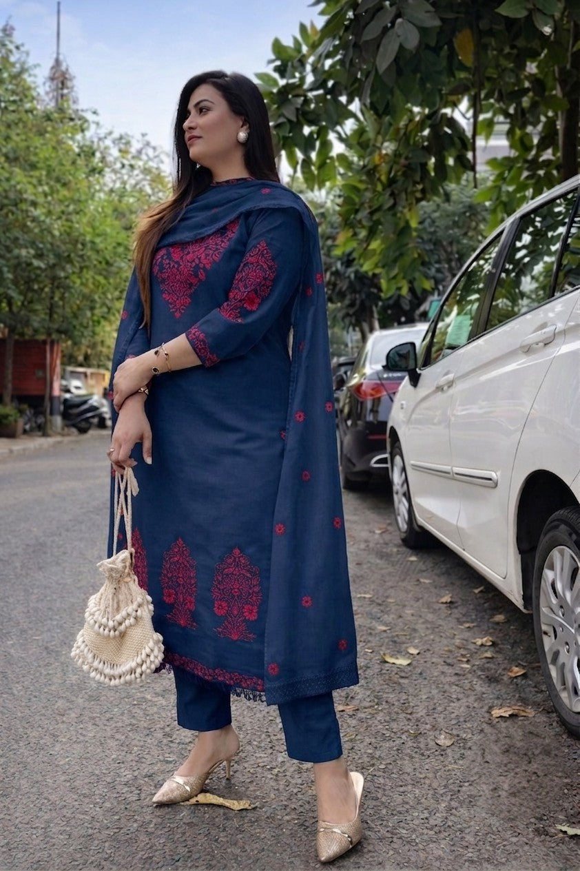 Women's Cotton Slub Embroidered Kurta Pant Dupatta Set | Ethnic Suit Set for Women | Kurta with Embroidered Dupatta