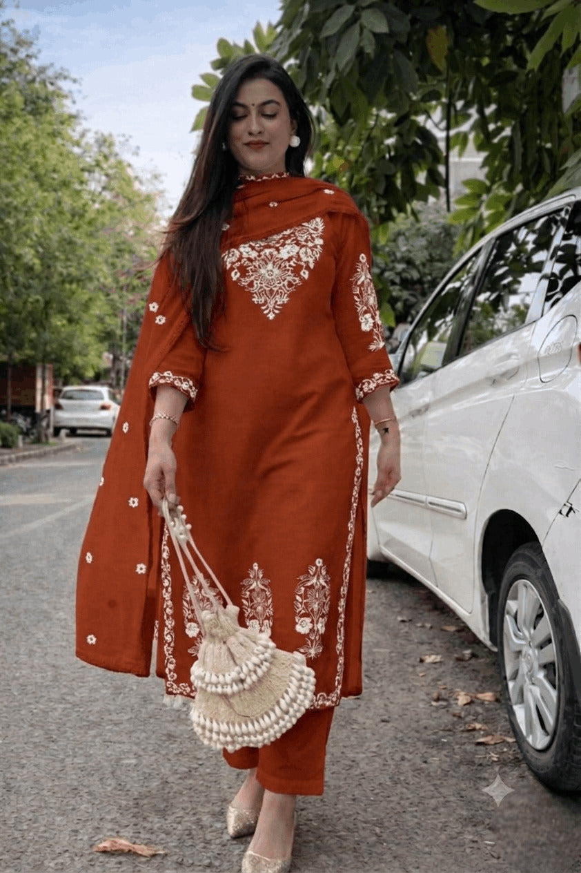 Women's Cotton Slub Embroidered Kurta Pant Dupatta Set | Ethnic Suit Set for Women | Straight Kurta with Embroidered Dupatta