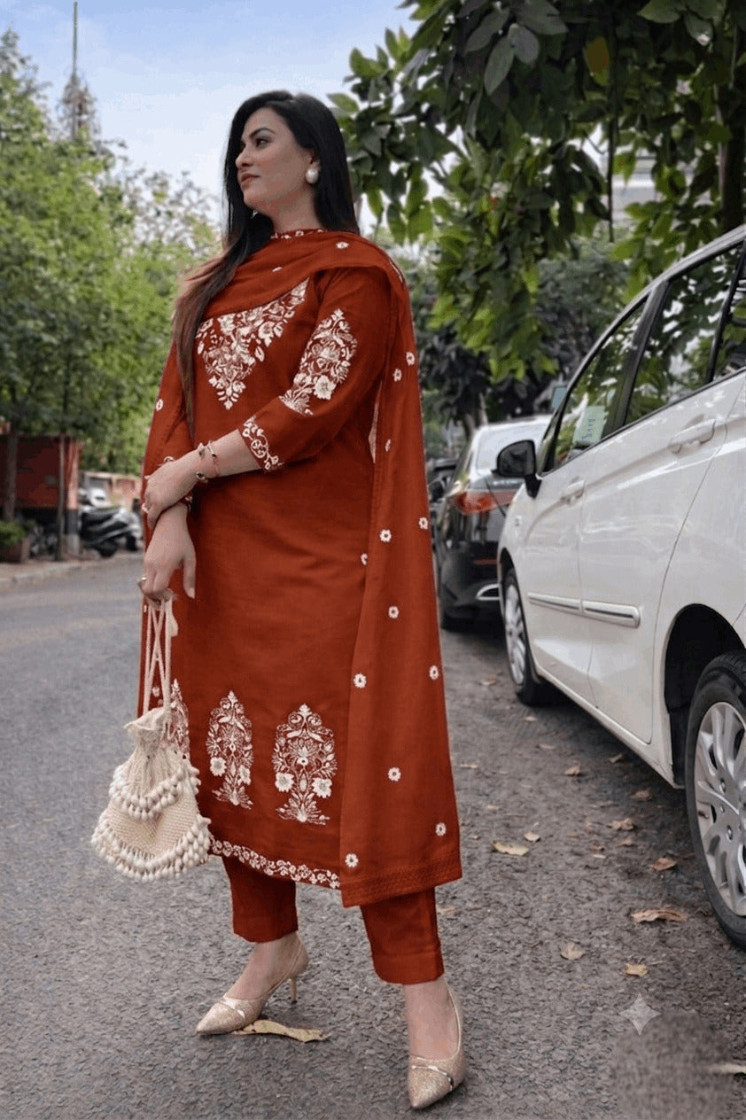 Women's Cotton Slub Embroidered Kurta Pant Dupatta Set | Ethnic Suit Set for Women | Straight Kurta with Embroidered Dupatta