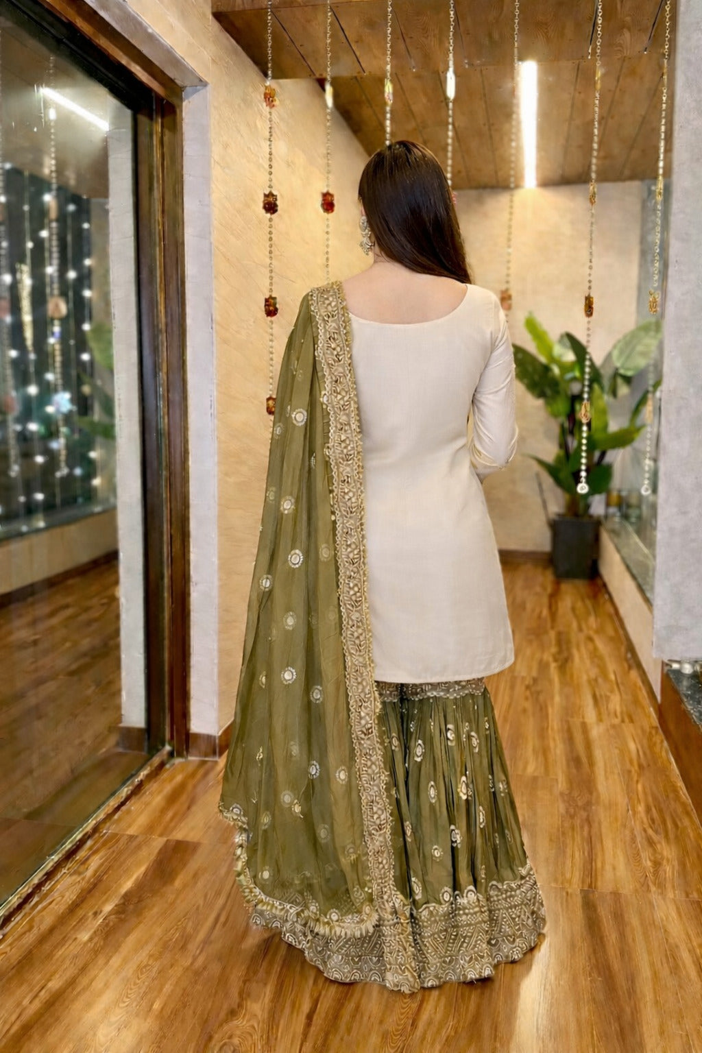 Silk Embroidered Cream Kurti Set for Women – 3/4th Sleeve Round Neck Above Knee Kurta with Mehndi Green Sharara & Dupatta - Festive Ethnic| Party|Wedding|Holiday|mehndi