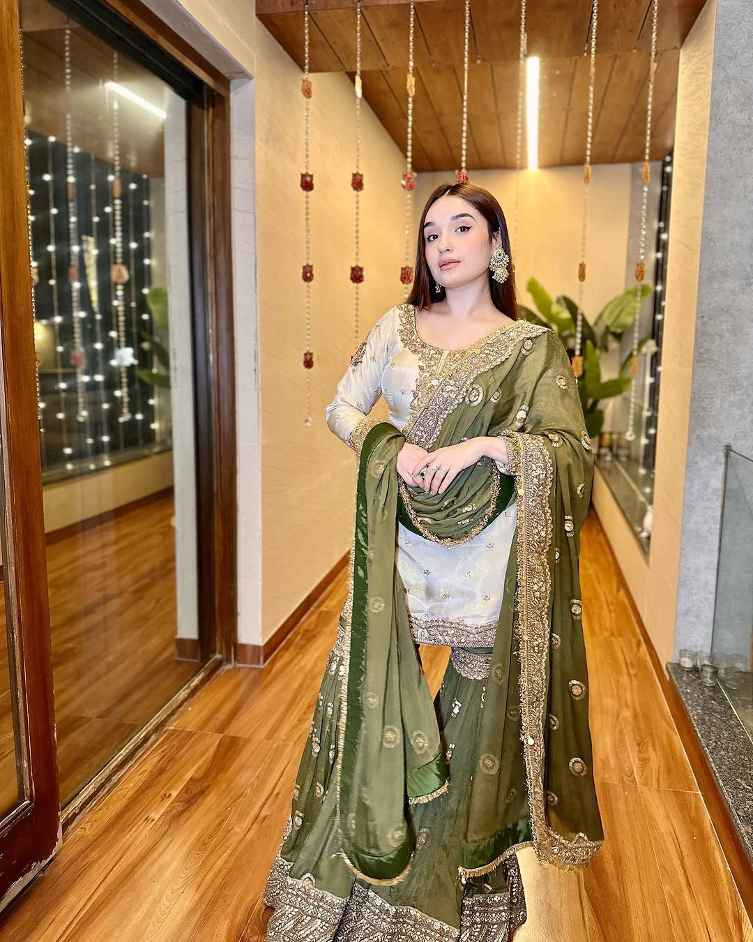 Silk Embroidered Cream Kurti Set for Women – 3/4th Sleeve Round Neck Above Knee Kurta with Mehndi Green Sharara & Dupatta - Festive Ethnic| Party|Wedding|Holiday|mehndi