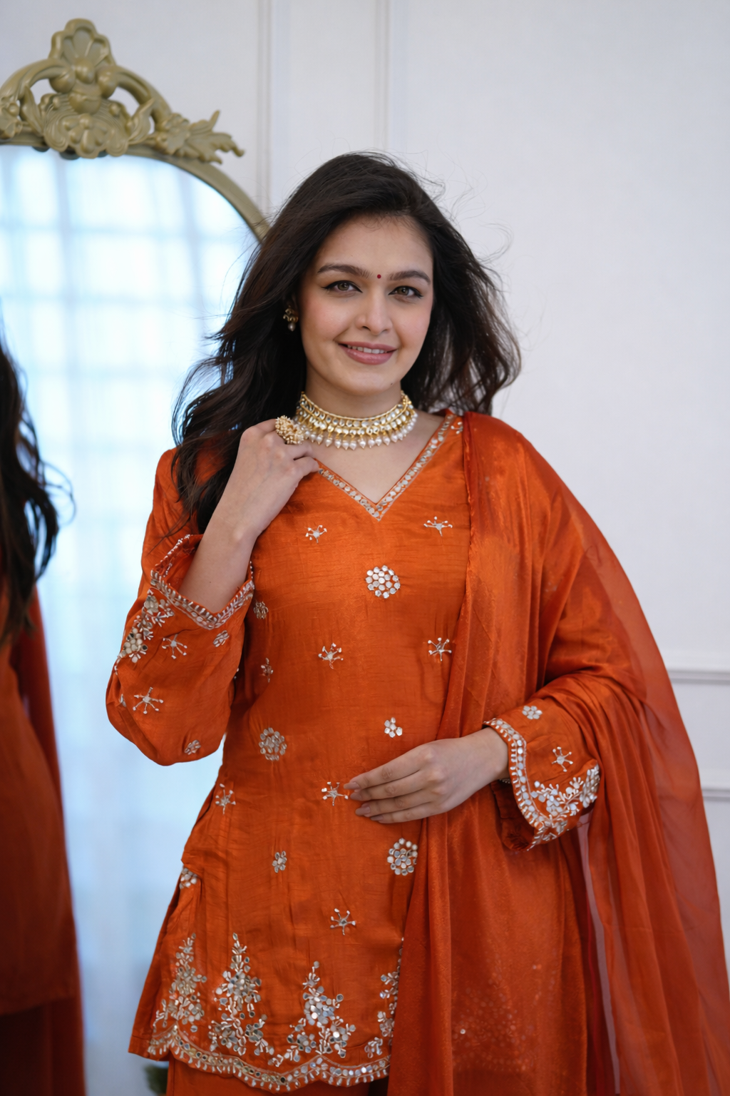 Women Ethnic Motifs Embroidered Regular Thread Work Silk Crepe Kurta with Palazzos & With Dupatta