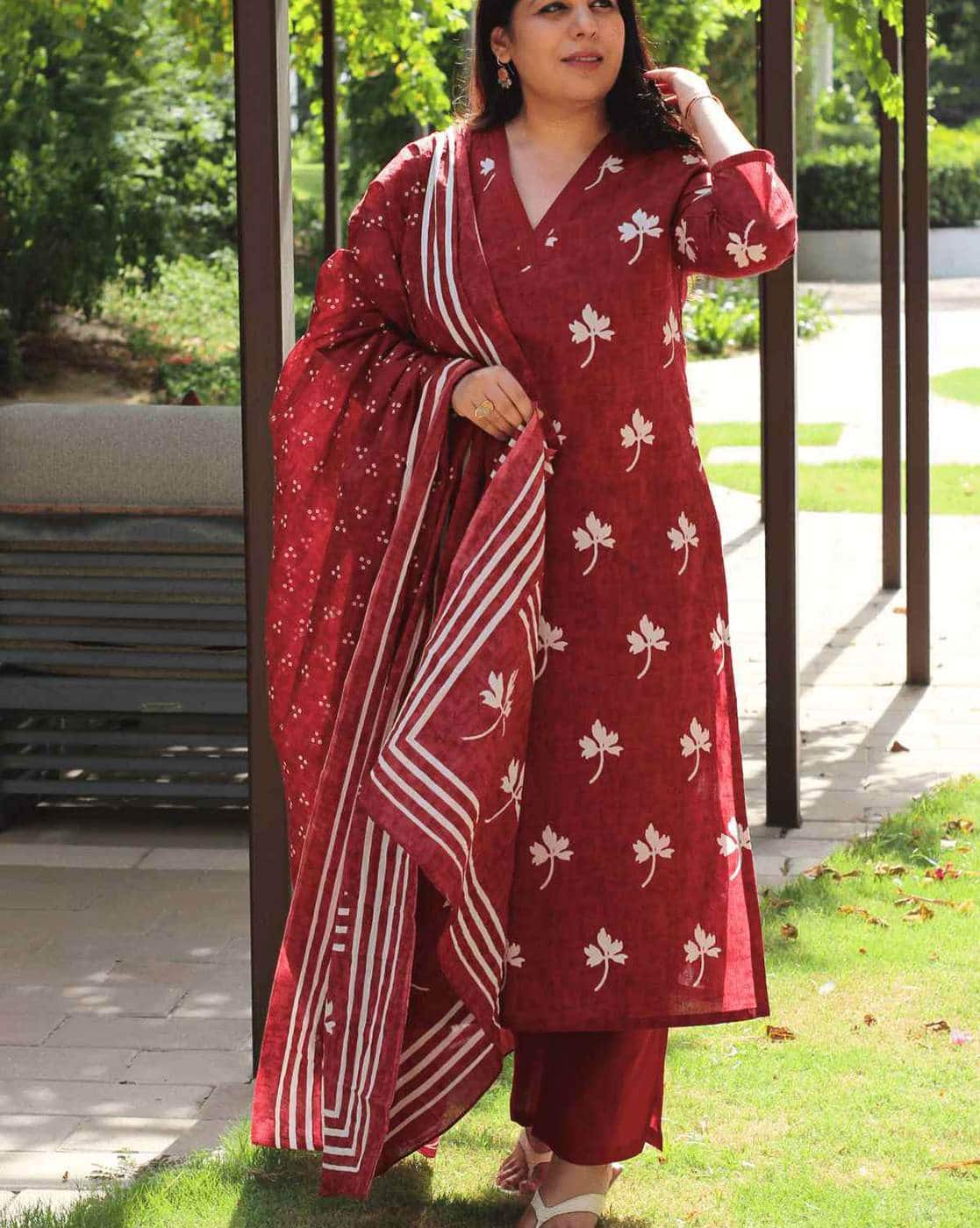 Women's Maroon Cotton Floral Print Kurta with Palazzo Pant and Dupatta | Ethnic Set | Suit Set | Kurta Set