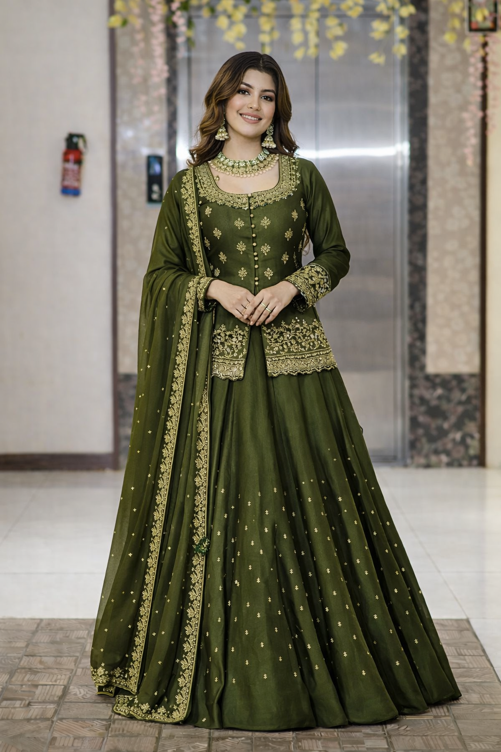 Women’s Chanderi Silk Embroidered Kurta Set with Lehenga Style Bottom & Dupatta | Bollywood Style Embroidery lehenga Choli Set For Woman