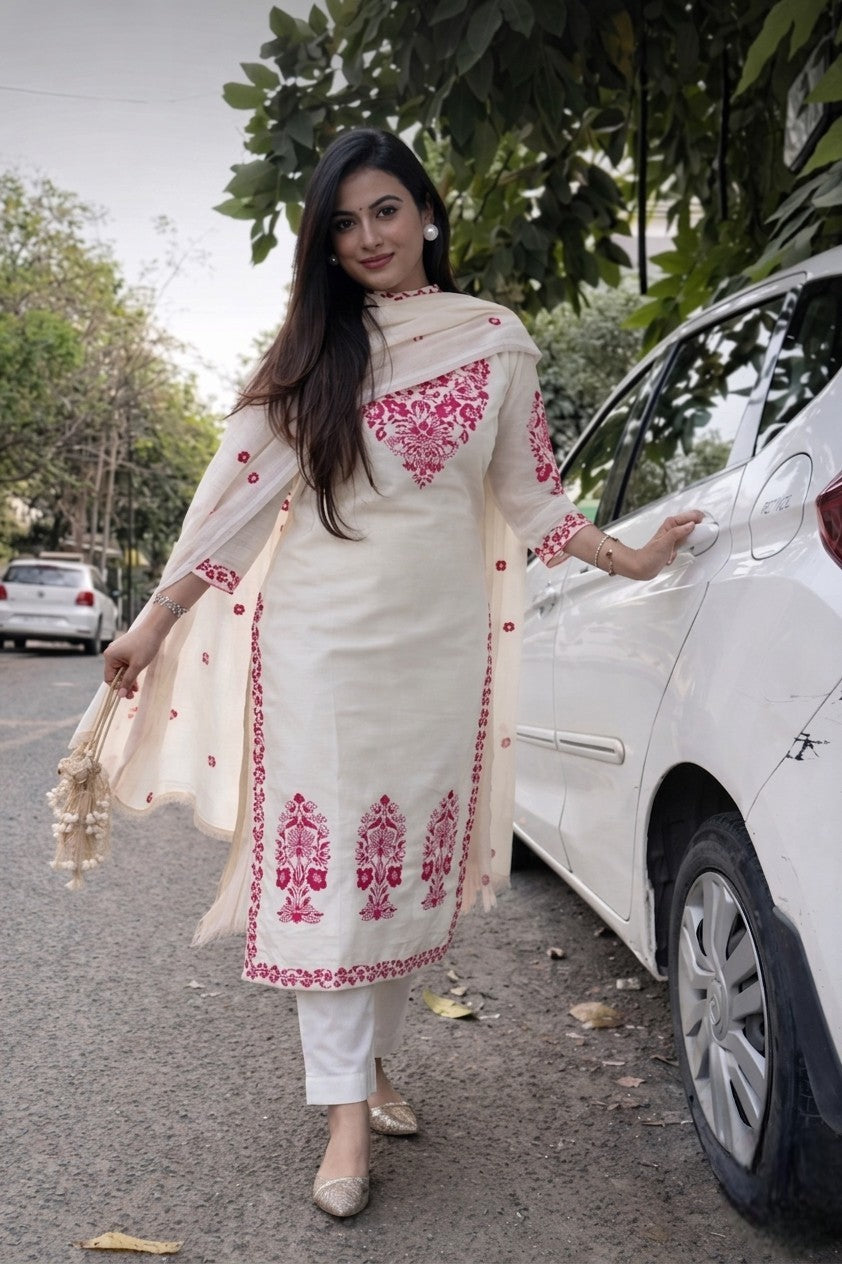 Women's Cotton Slub Embroidered Kurta Pant Dupatta Set | Ethnic Suit Set for Women | Straight Kurta with Embroidered Dupatta | Ready to Wear