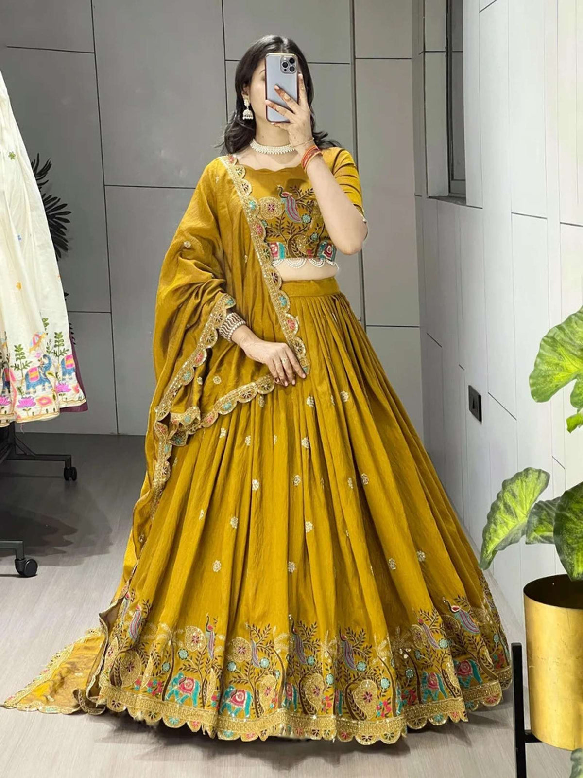 Women's Mustard Yellow Peacock Embroidered Vichitra Silk Semi-Stitched Lehenga Choli Set with Dupatta | Haldi & Festive Wear semi - stitched lehenga choli