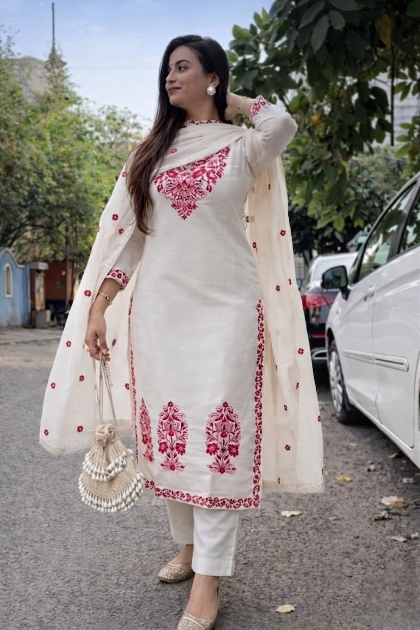 Women's Cotton Slub Embroidered Kurta Pant Dupatta Set | Ethnic Suit Set for Women | Straight Kurta with Embroidered Dupatta | Ready to Wear