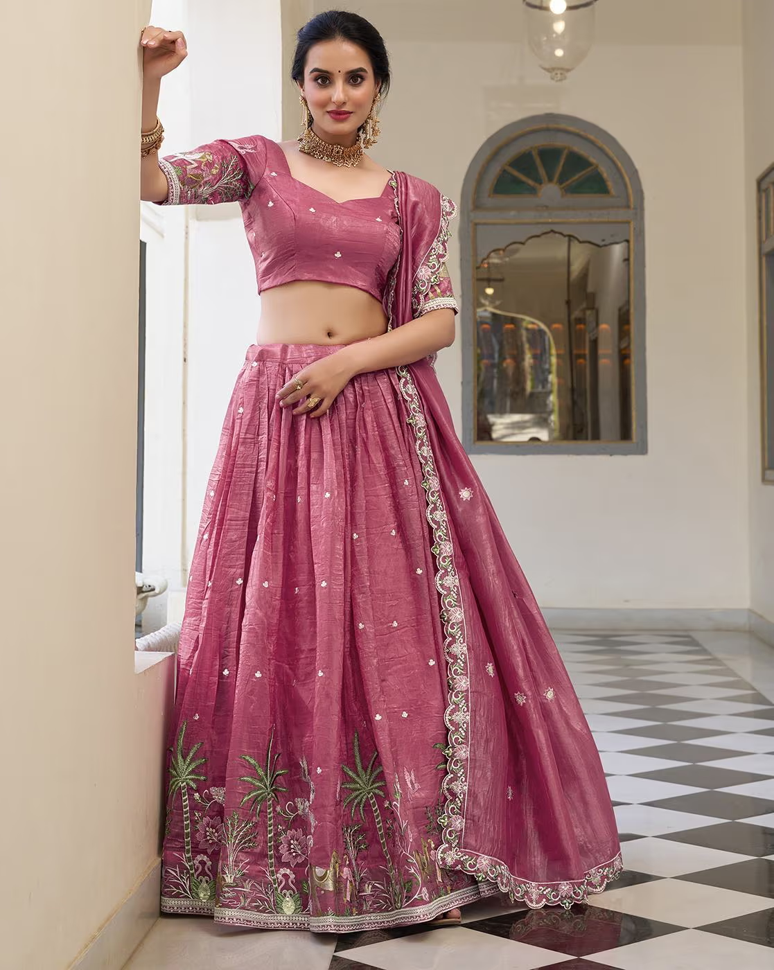 Women's Embroidered Silk Blend Semi-Stitched Lehenga Choli with Dupatta | Festive & Wedding Wear,Semi-Stitched Lehenga